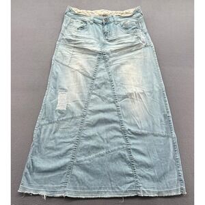 YNO Patchwork Denim Maxi Skirt Light Wash Distressed Boho Long Skirt Size 13